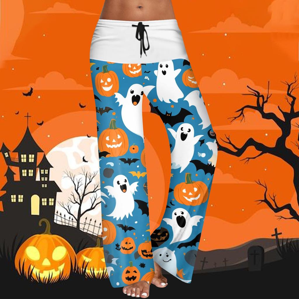 Women's Drawstring Elastic Waistband Wide Leg Color Matching Halloween Printed Casual Pants