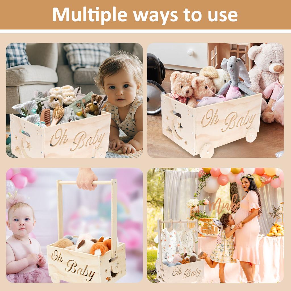 Baby Shower Basket Wood Storage Crate Baby Toys Clothing Organizer Box with Wheel and Hanger Baby Products for Home Bathroom