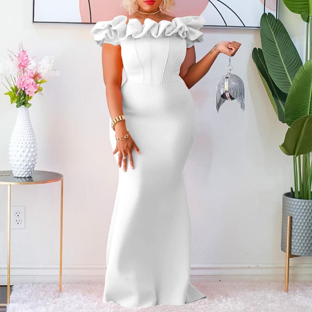 

Women Long Dresses Off the Shoulder Short Sleeve Dress Ruffles Floor Length Luxury Birthday Party Dinner Dress Hot S белый