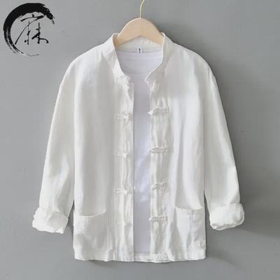 Herren-Button-Down-Hemd aus Baumwolle und Leinen im Retro-Chinesischen Stil mit Stehkragen