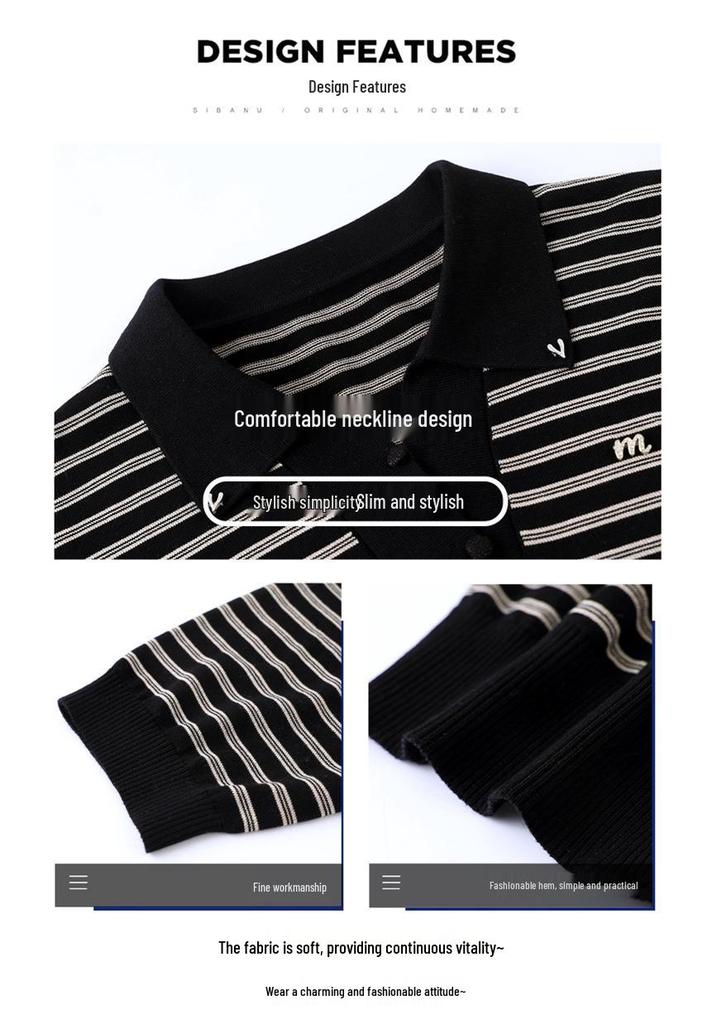 Mom's Stylish Spring Striped Lapel Knitwear for Middle-Aged & Elderly Women - Age-Reducing, Loose Fit T-shirt Top
