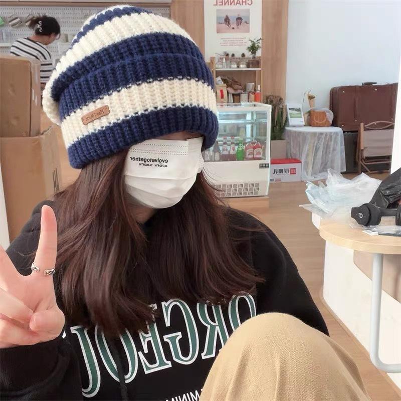 Soft Knit Skullies Beanies for Women Slouchy Winter Hat Fashion Stripe Stitching Beanie Female Streetwear Cap Warm