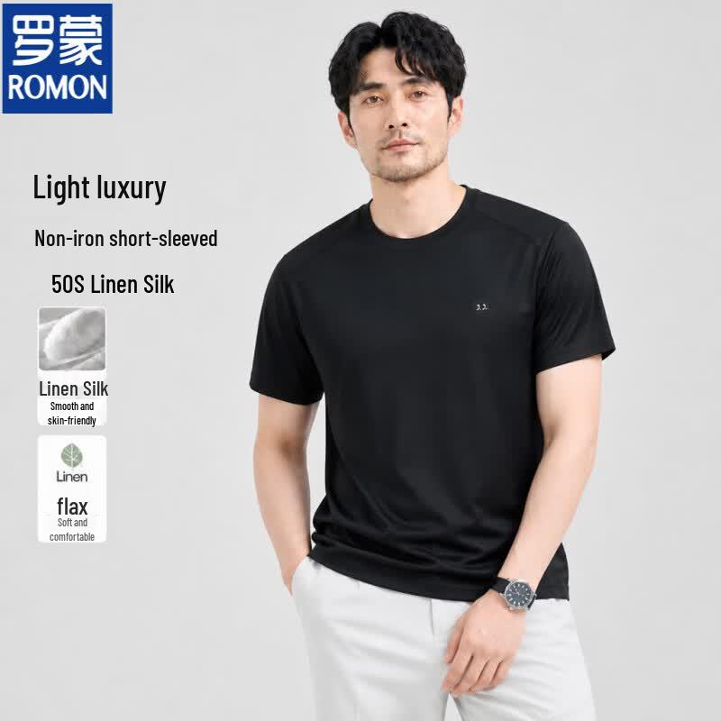Luomen Men s Linen Silk Blend Round Neck Short Sleeve T-Shirt M (165) чёрный