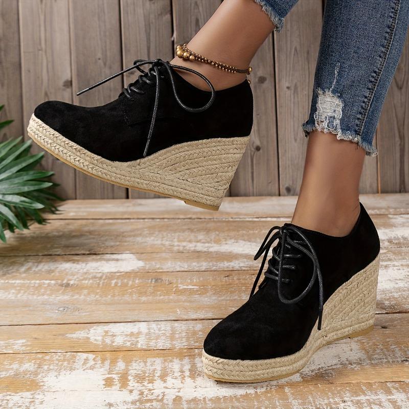 Women's Solid Color Stylish Shoes, Lace Up Low-top Platform Wedge Shoes, Espadrilles Round Toe Versatile Shoes