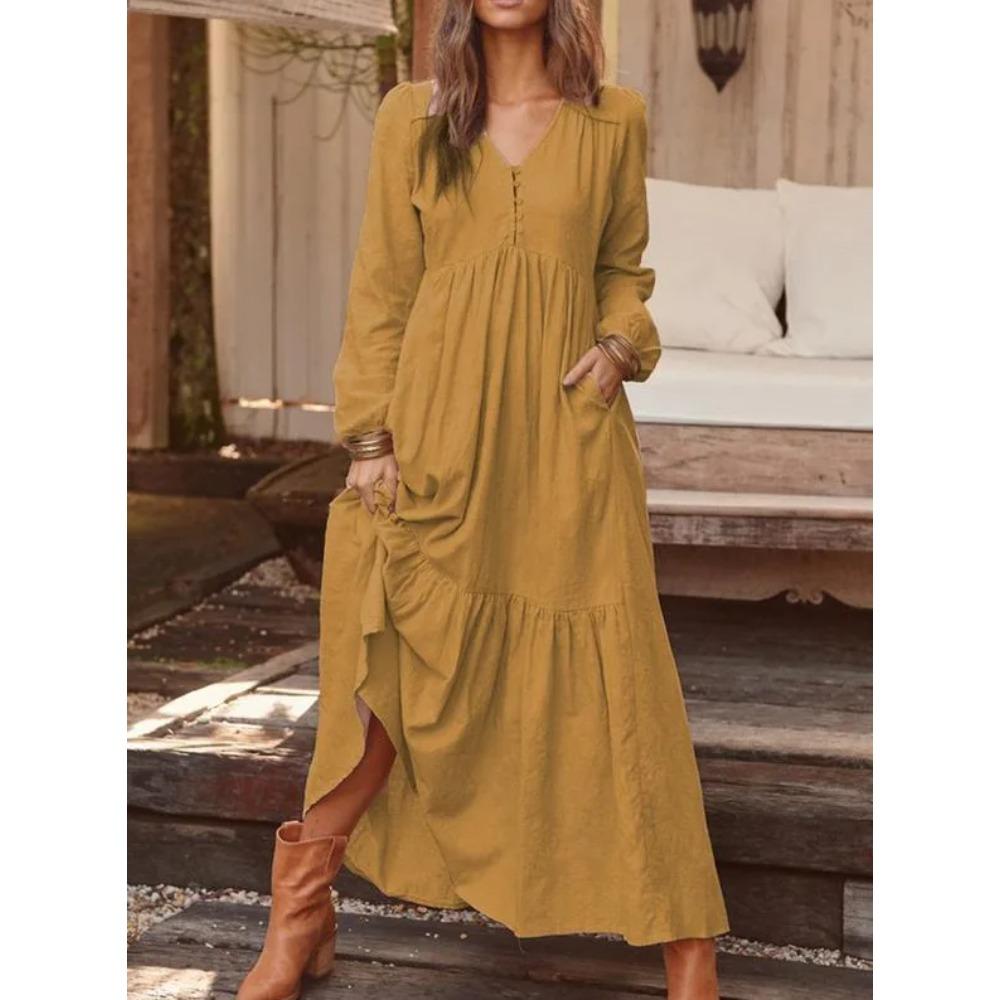 Robe Rétro Décontractée Femme, Manches Longues Boutonnée, Jupe Longue Monochromatique, Coton Lin, Mode Document, Automne Hiver, Nouveau