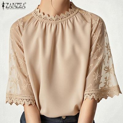 Blusa Feminina Casual Gola Redonda Renda Manga 3/4 Solta