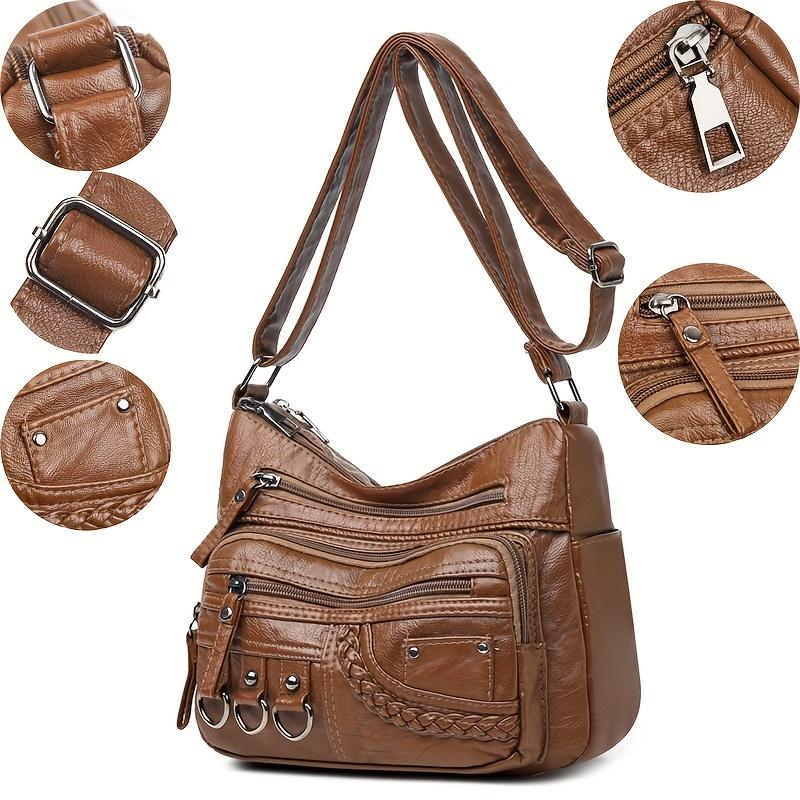 Women'S Large Capacity Shoulder Crossbody Bag, Multi Layer Zipper Pocket Synthetic Handbag Purse with Golden-Tone Hardware