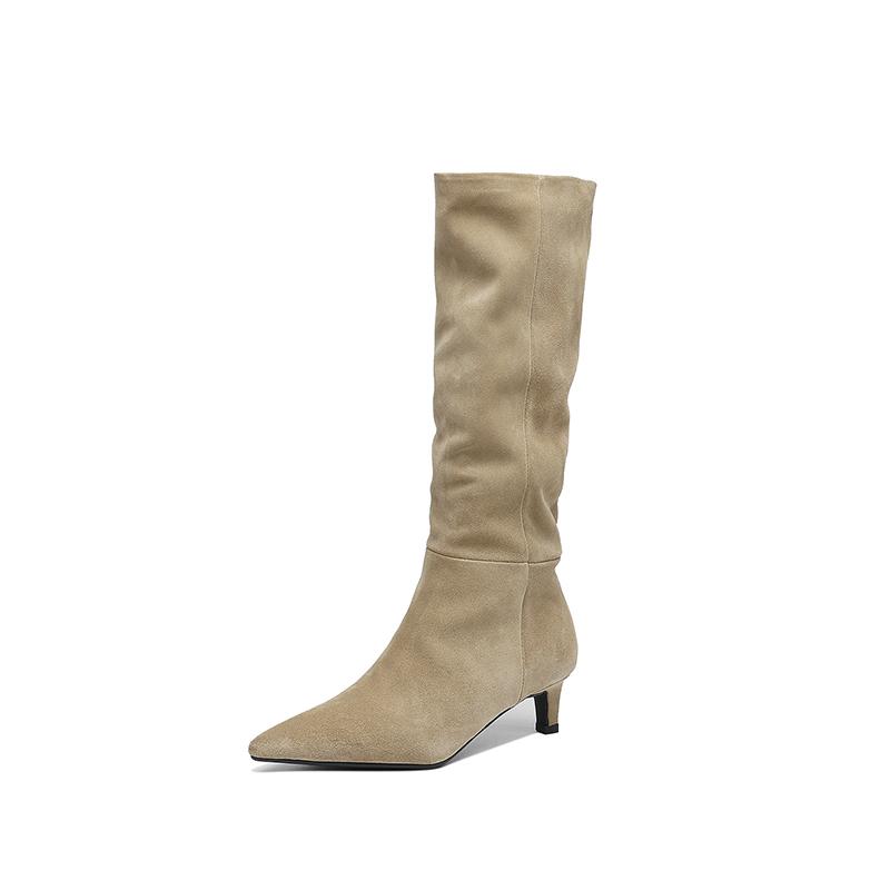 Fashion 2025 New Trend Natural Cow Suede Women Shoes Autumn Winter Slip-On Boots Burgundy High Chunky Heels Pointed Toe Knee High Boots