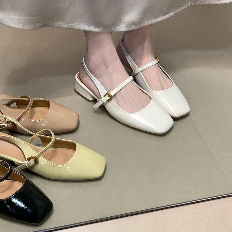 2025 summer new square head thick heel bag head sandals women's rear strap summer low heel commuter sandals