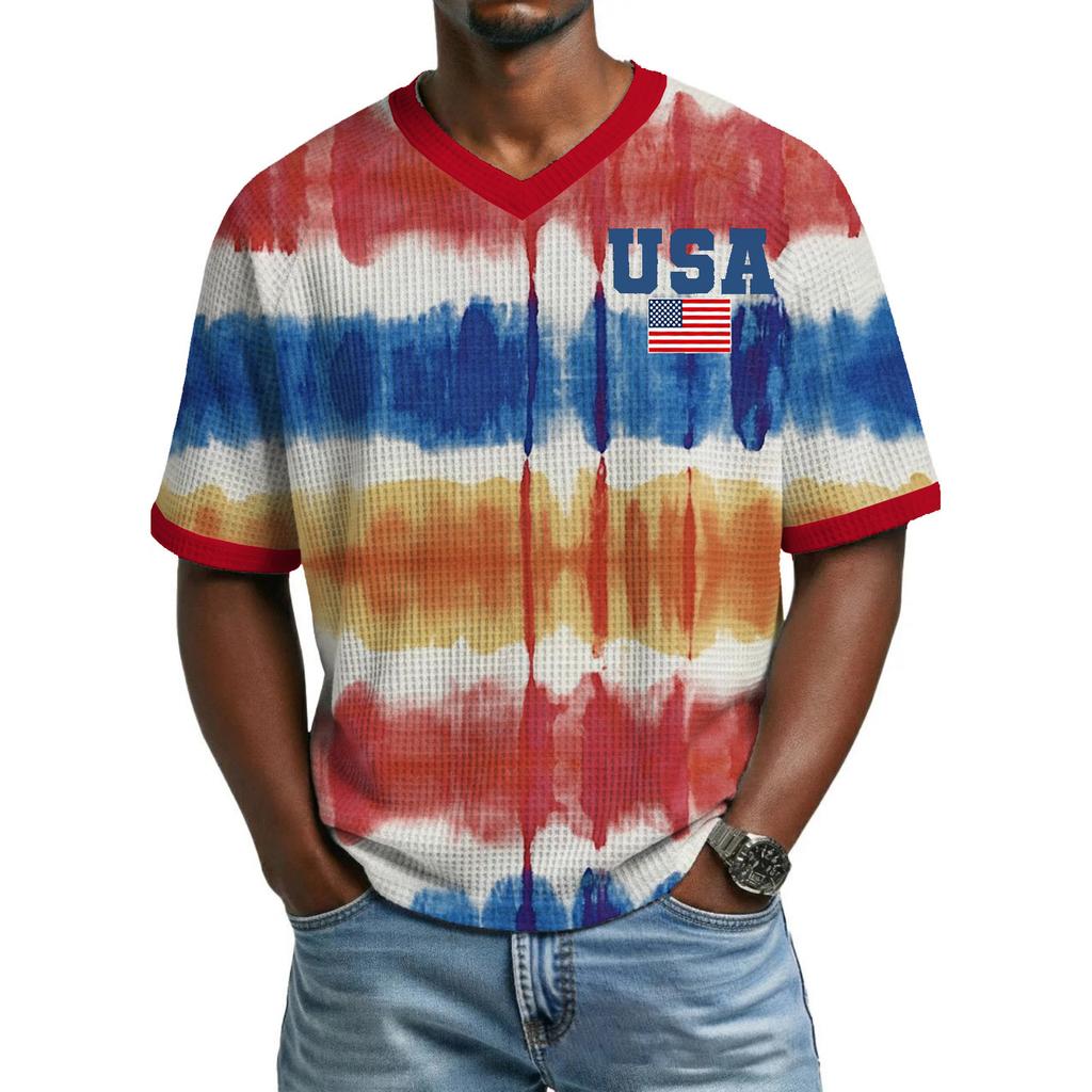 Men's Casual And Fashionable Flag-color Printed Short-sleeved Shirt. Men's Breathable V-neck Short-sleeved Shirt.