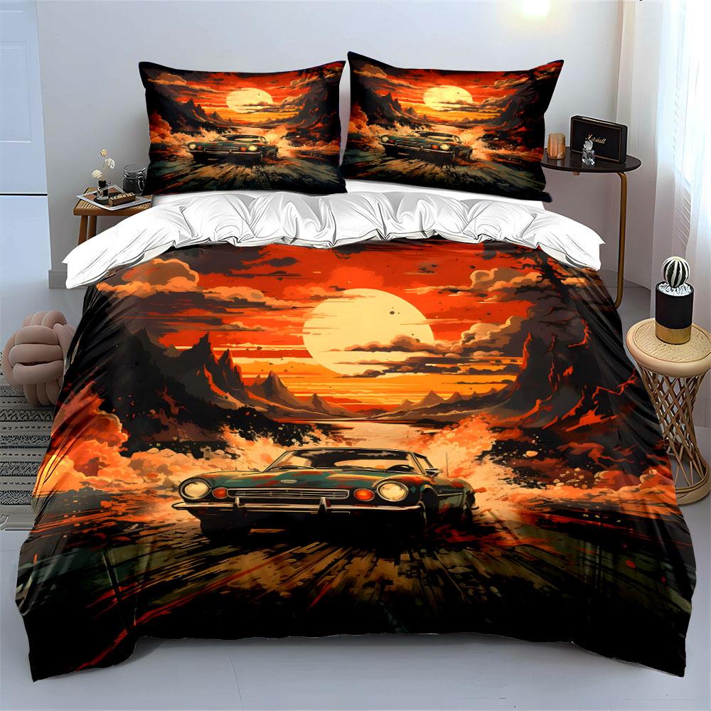 Classic Car Racing Under Sunset Print Bedding Set 1 Duvet Cover 2 Pillowcases For Adult And Children Luxury Gift Full Size