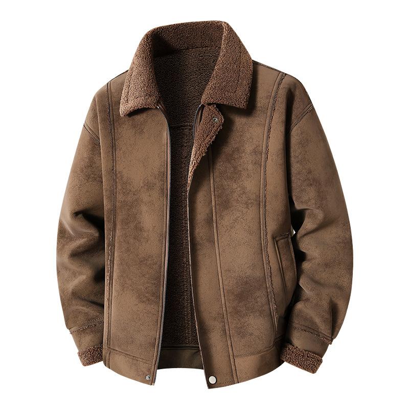 Winter Suede Men's Jacket Fleece Thickened Lapel Lamb Fleece Jacket Casual Multi-Pocket Leather Jacket
