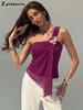New Mesh Asymmetrical Cutout Vest Top for Women with Floral Decoration