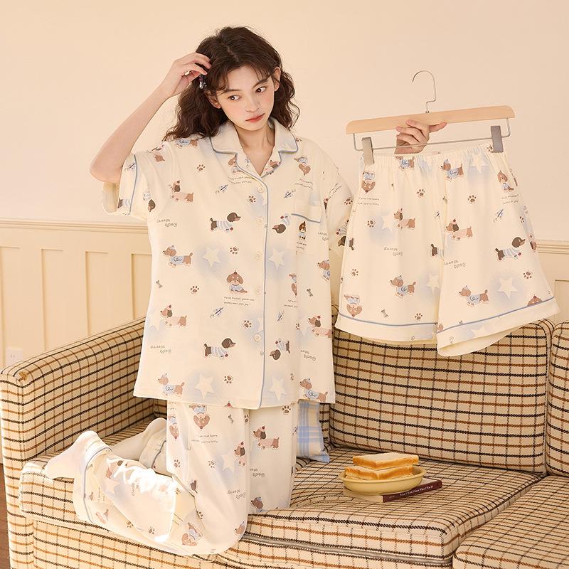 

Women s Three-Piece Cotton Pajama Set with Bra - Short Sleeve, Korean-Style Cartoon Design for Summer M