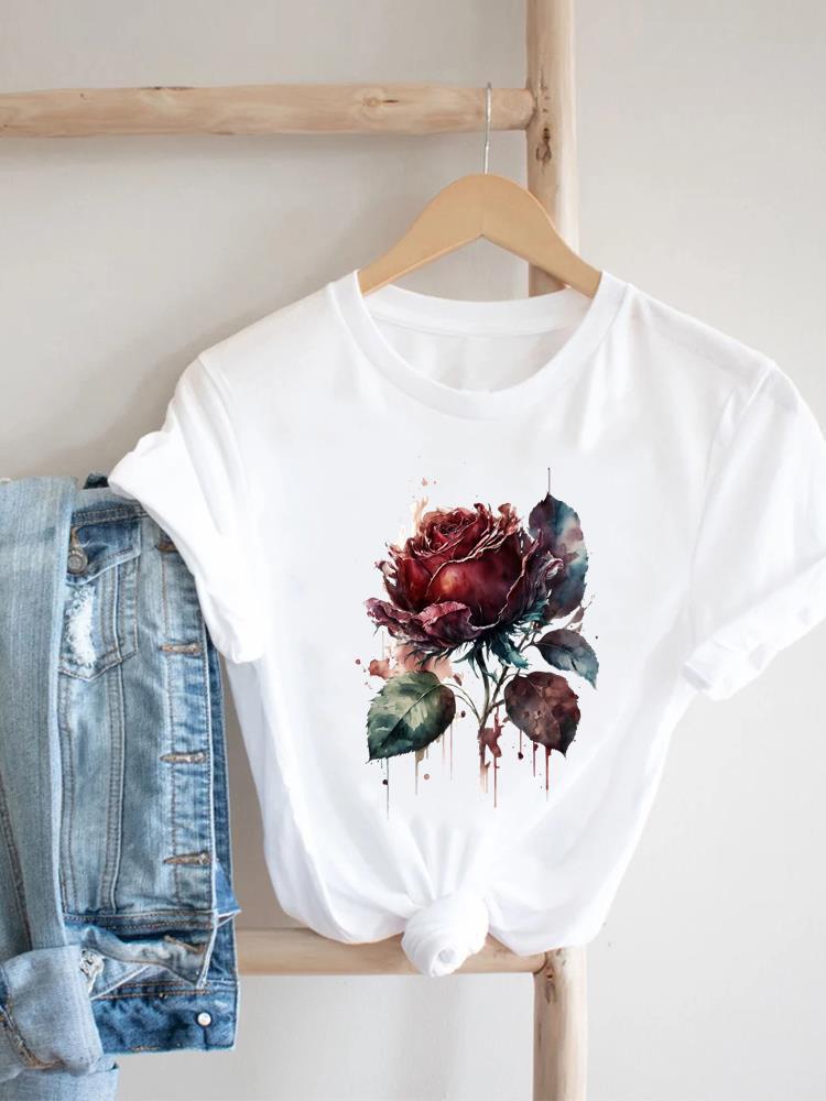 Women's Short-sleeved T-shirt, Fashionable Flower Print Bottoming Shirt