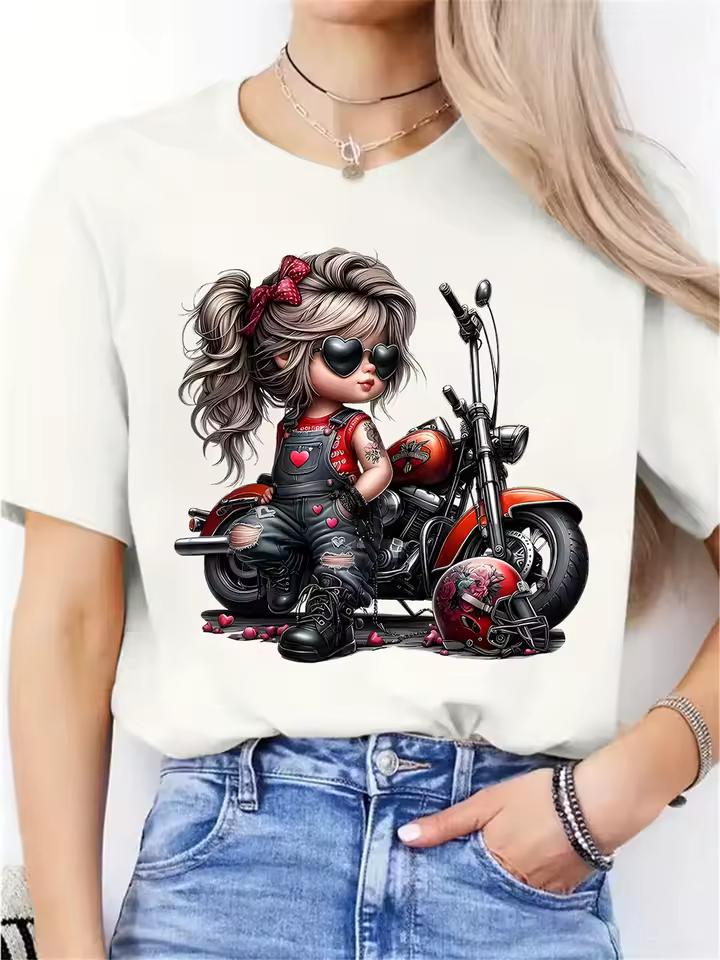 Black Motorcycle Graphic Printed Women's T-shirt Heart Details Stretch Round Neck Casual Festive Wear Cartoon Women's Clothing