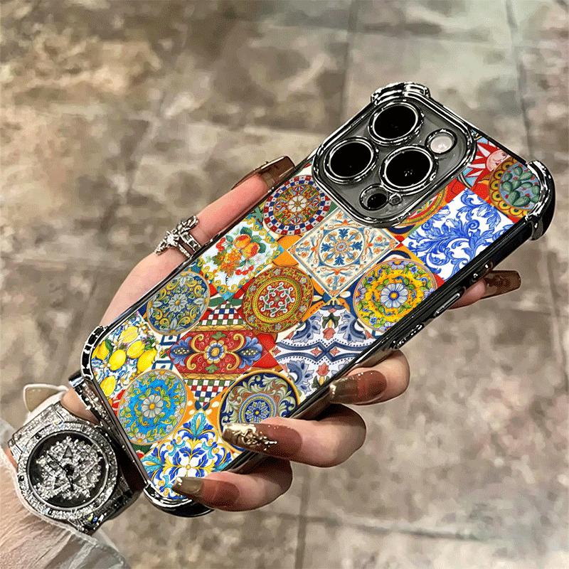 Italian Sicilian Style Floral Pattern Plating Phone Case For Iphone 16 17 Pro Max Air 16E 14 15 Plus 12 13 Mini Anti-Fall Airaba