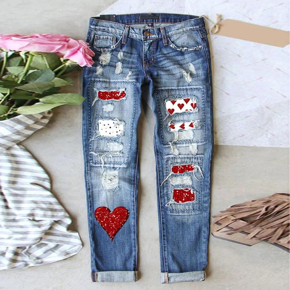 Women's Mid Rise Straight Leg Jeans Ripped Red Heart Rhinestone Patch Print Streetwear Denim Trousers For Autumn
