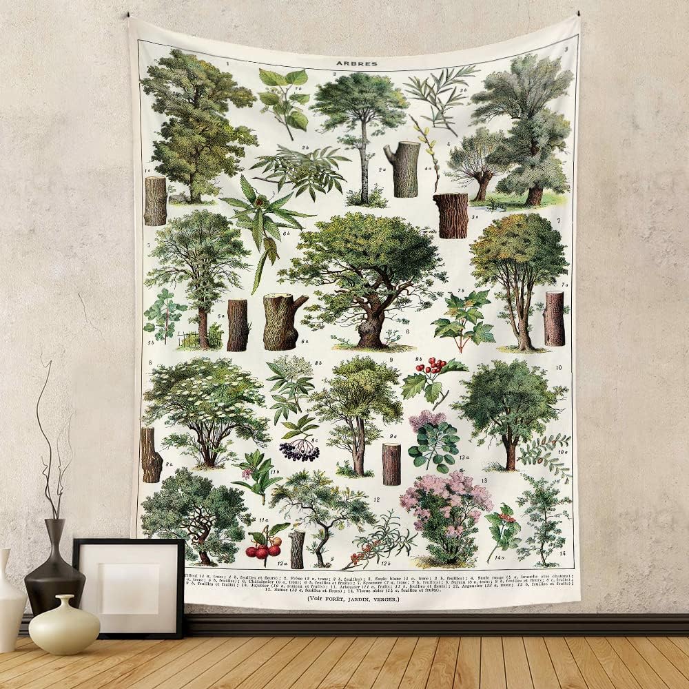 Vintage Lebensbaum Wandteppich Pflanzen Blätter und Blumen Wandteppich Hängend Vertikal Natur Identifikation Referenz Wandteppiche