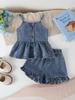 Two-piece Set for Girls: Cute Everyday Sleeveless Denim Vest with Buttons, Snowflake Wash, and Trendy Retro-style Lace Denim Shorts.