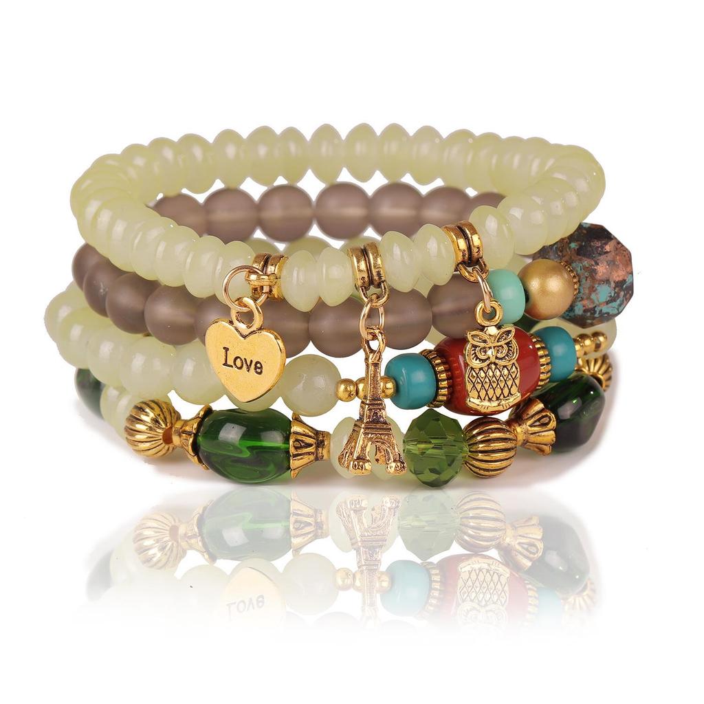 Bohemian Ethnic Multi-layer Bracelet with Owl, Heart & Eiffel Tower Pendants