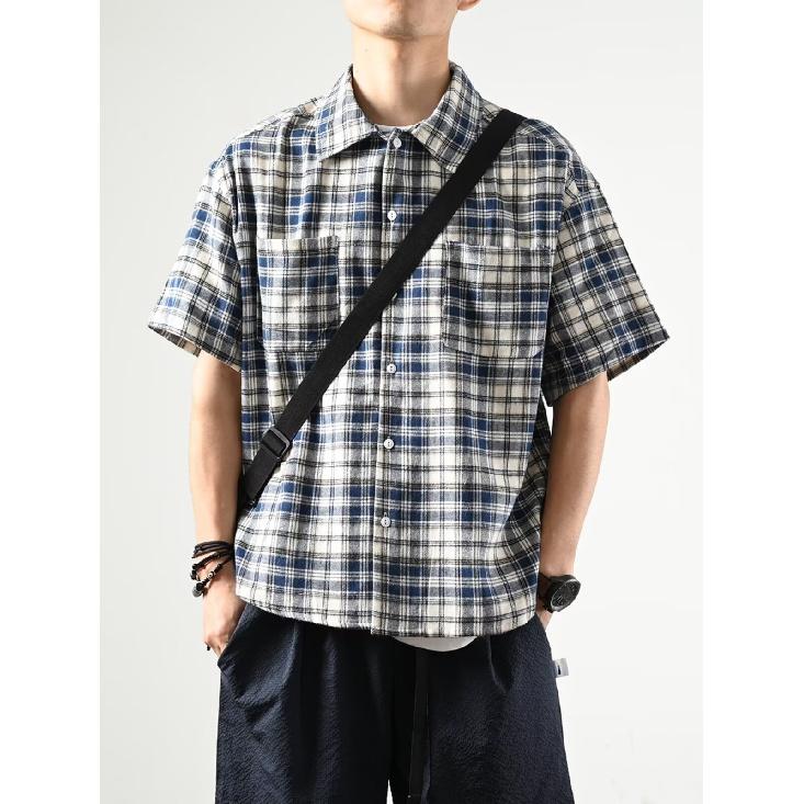 Checkered Shirt Men'S Summer Japanese Retro Loose Casual Five Quarter Sleeved Shirt American High Street Trendy Brand Jacket