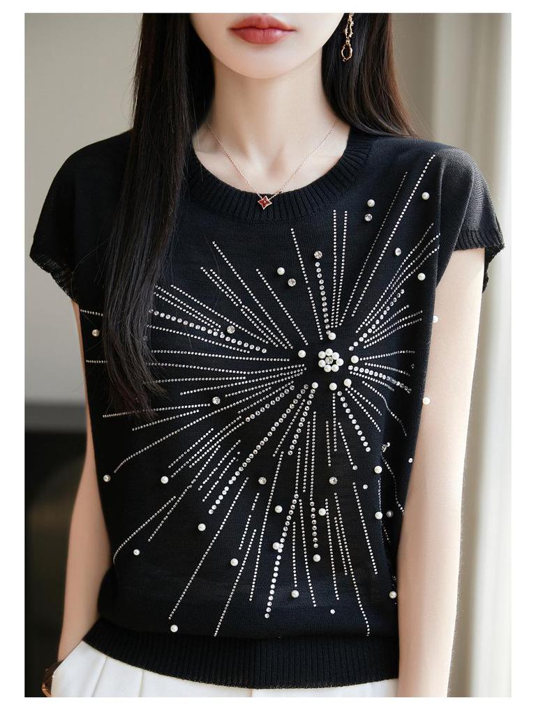 Women's Summer Bamboo Linen Beaded Crew Neck T-Shirt