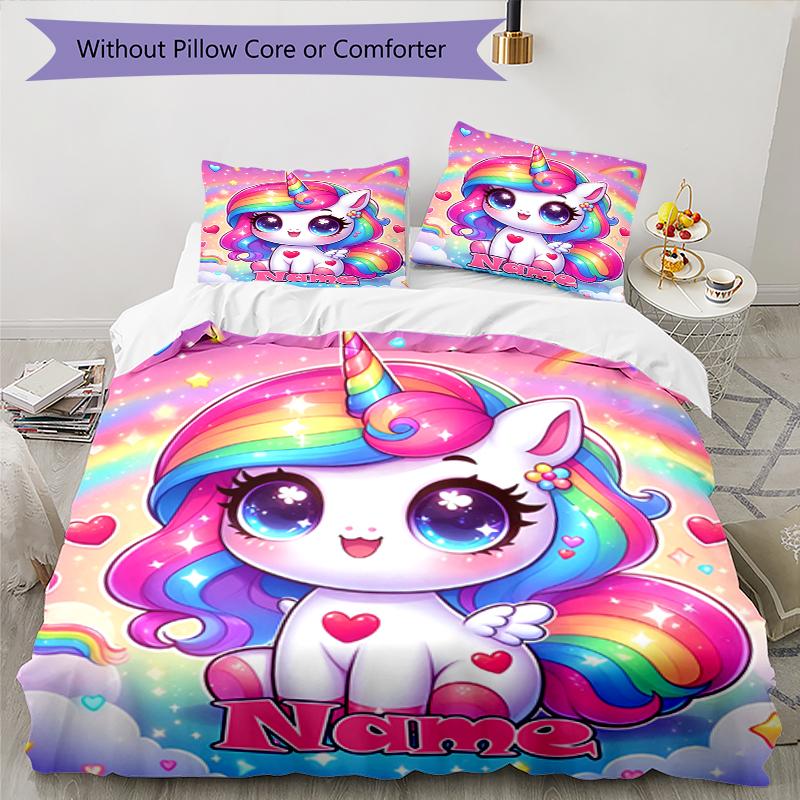 3-teiliges personalisiertes Einhorn-Bettwäscheset mit individuellem Namen, Bettbezug mit Verschluss, enthält 1 Bettbezug & 2 Kissenbezüge, weich und bequem für alle Jahreszeiten.