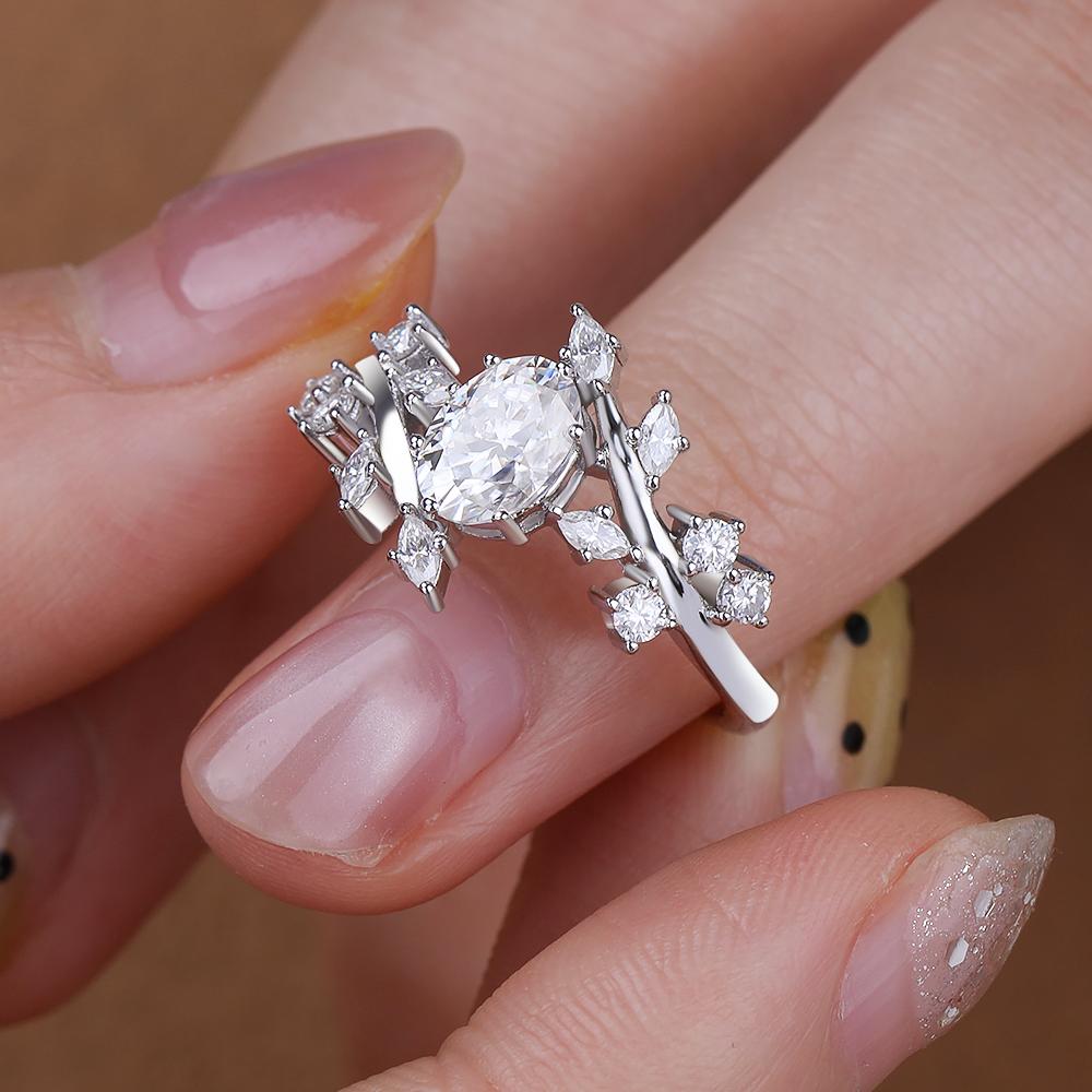 5X7mm Oval Cut Full Moissanite Ring for Women   CopperNature Inspired Leaf Ring Engagement Wedding Band Jewelry Gift