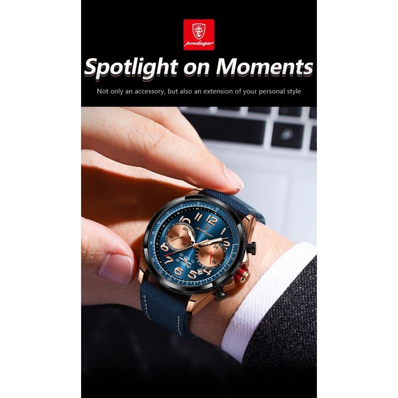 POEDAGAR Luxusní pánské hodinky Quartz Nylonový kožený řemínek Náramkové hodinky Vodotěsné Svítící Chronograf Datum Hodinky Reloj+krabička