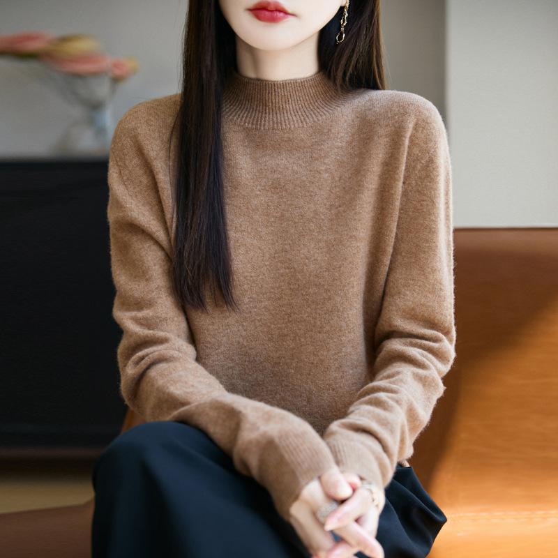 Half Turtleneck Knitted Sweater for Women In Autumn and Winter Loose Pullover Solid-color Casual Knitwear Sweater