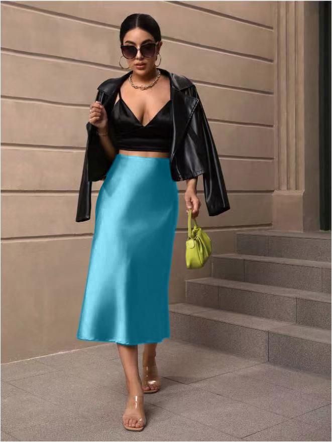 Jesienna satynowa spódnica midi z rybim ogonem - Nowa europejska i amerykańska moda damska