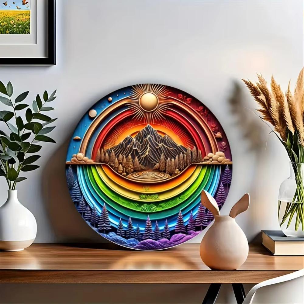 Embossed Aluminum Metal Sign Northern Lights Artwork 8x8 Inch Round Wall Decor Gift for Home Valentine