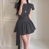 Women's Summer A-line Tie Waist Round Neck Dress with Irregular Pleated Hem