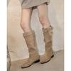 2025 New Knee Boots Women's Khaki Suede Round Head Belt Buckle Boots Low Heel Thin Folds Stacked