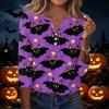 Women's Casual Halloween Print V Neck Button Three Quarter Sleeve T Shirt Top Lightweight Comfortable Fit for Seasonal Wear