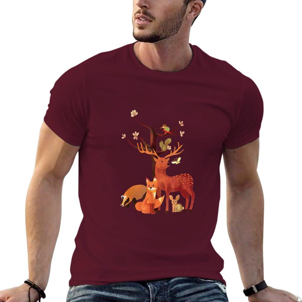 Woodland Animals Deer Fox Rabbit Squirrel Watercolor Vintage TShirt Oversized T Shirt Mens Clothing