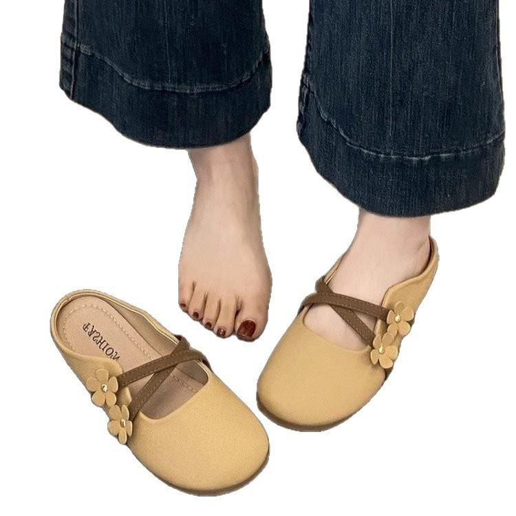 Baotou half slippers women's outer wear temperament versatile 2025 summer new soft leather lazy one pedal fashion single shoes women