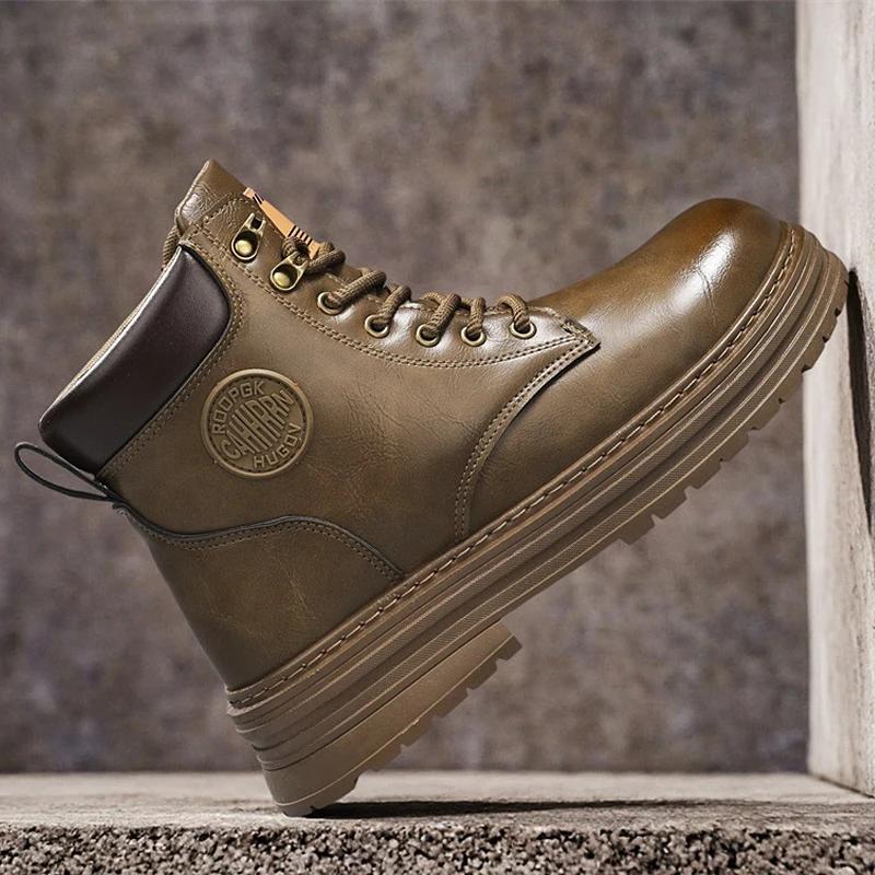 New Arrival Men High Non-Slip Man Winter Plush Snow Botas Top Shoes Outdoor Leather Ankle Boots Fashion Lace Up Motorcycle Boots