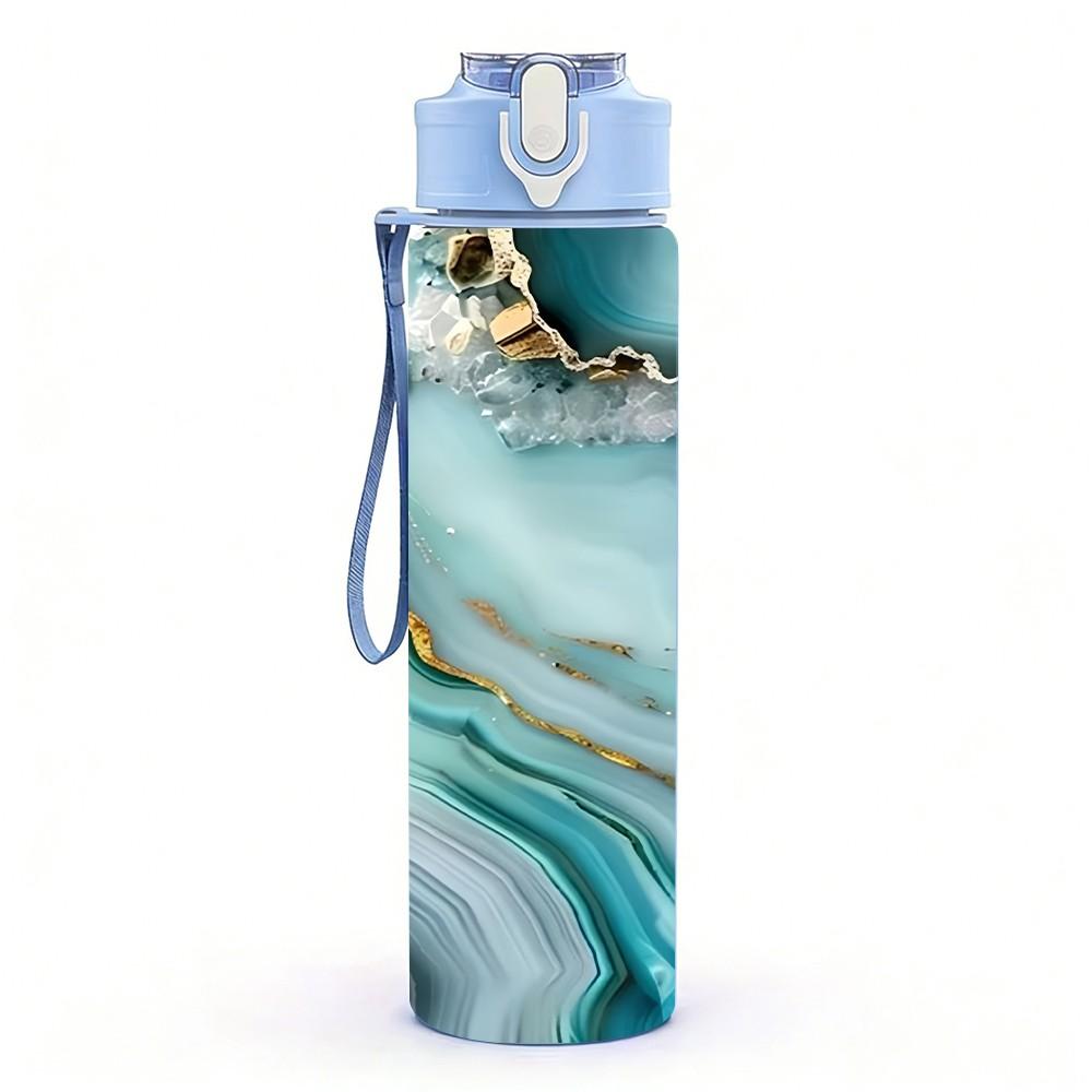 1PC Teal Gold Geode Marble Pattern 750ml Color Plastic Sports Water Bottle Leakproof Flip Straw Lid Suitable for Sports Office Home Use