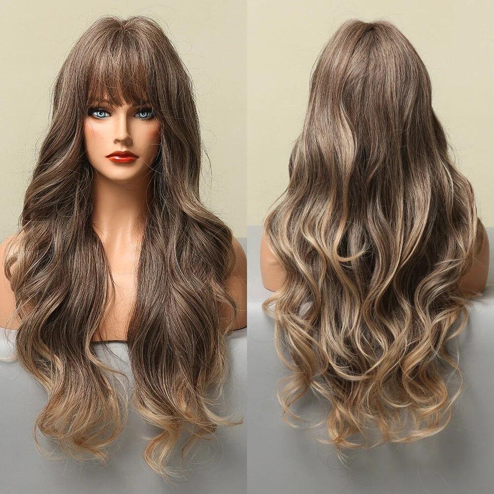 Long Wave Synthetic Wigs Ombre Black Blonde Wig with Side Bangs Heat Resistant Fiber Daily Party Hair Cosplay Wigs for Women