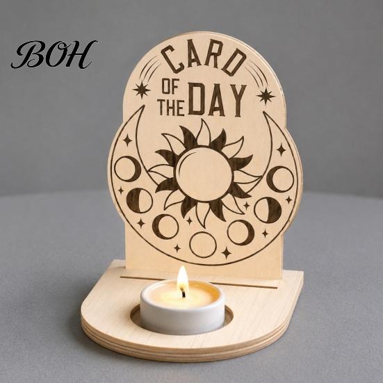 Gift for Housewarming Wooden Tarot Card Holder Stand, of The Day Candle Tealight Holder, Moon Small Wood Stand Candles Sun Star Pattern Altar Display