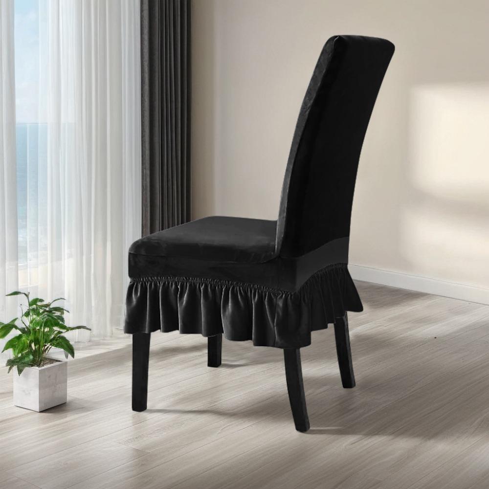 Universal Elastic Velvet Dining Chair Cover Dust Proof Solid Color Chair Protector with Ruffled Edges Chair Slipcover Wedding