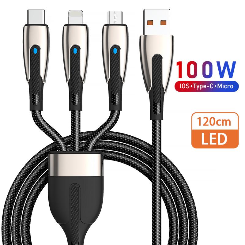 100W 3-In-1 Mobile Flash Charging USB Data Cable Suitable For iPhone 5-14 Huawei Type-C Super Fast Charging 5A Charging Cable