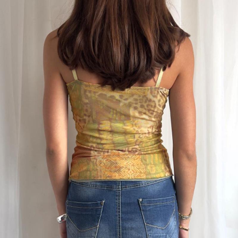 Retro Sleeveless Blouse Printed Ribbon Strap Front Camisole