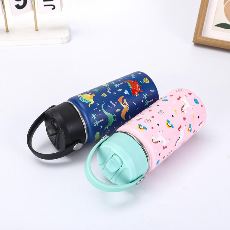 Wide Mouth Thermal Stainless Steel Water Cup Cartoon Handle Straw Tumblers Water Bottle for Outdoors