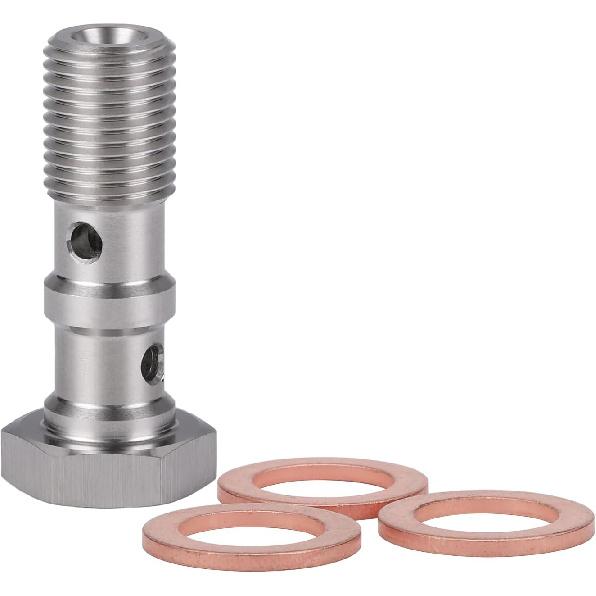 M10x1.0 Metric Stainless Steel Double Banjo Bolt Brake Fitting Adapter 30mm Long with Copper Washers
