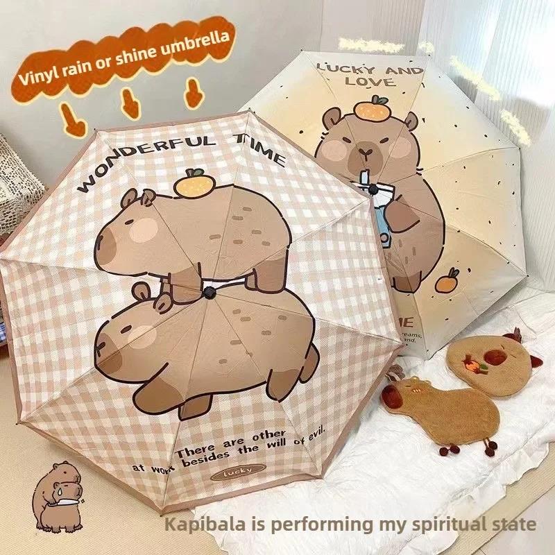 Capybara Niedliches Cartoon-Design Automatischer Regenschirm Winddicht UV-Schutz Regenschirm für Frauen Mädchen Sonnig und Regnerisch Faltbarer Regenschirm