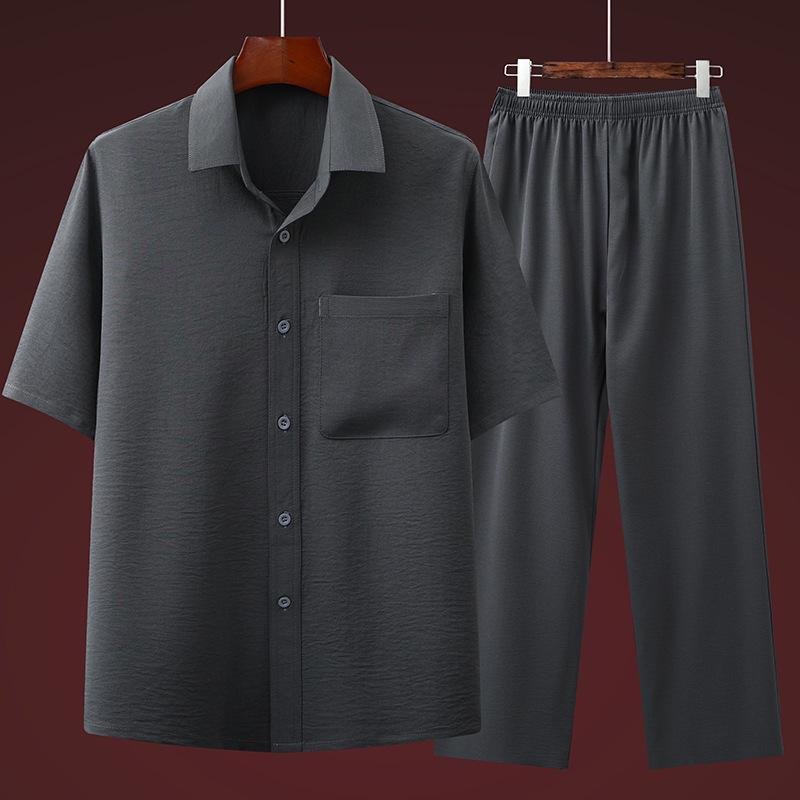 Men's Cotton Linen Short Sleeve Shirt & Suit Set - Casual Summer Wear for Middle-Aged and Elderly