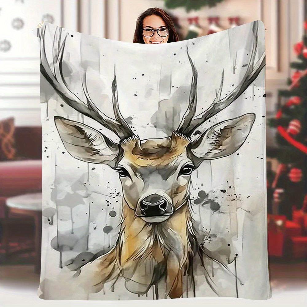

1pc Elegant Deer Watercolor Print Blanket, 60x80 Inch, Light Gray Background, Soft and Cozy for Home, Travel, and Camping 70x100cm28x39in